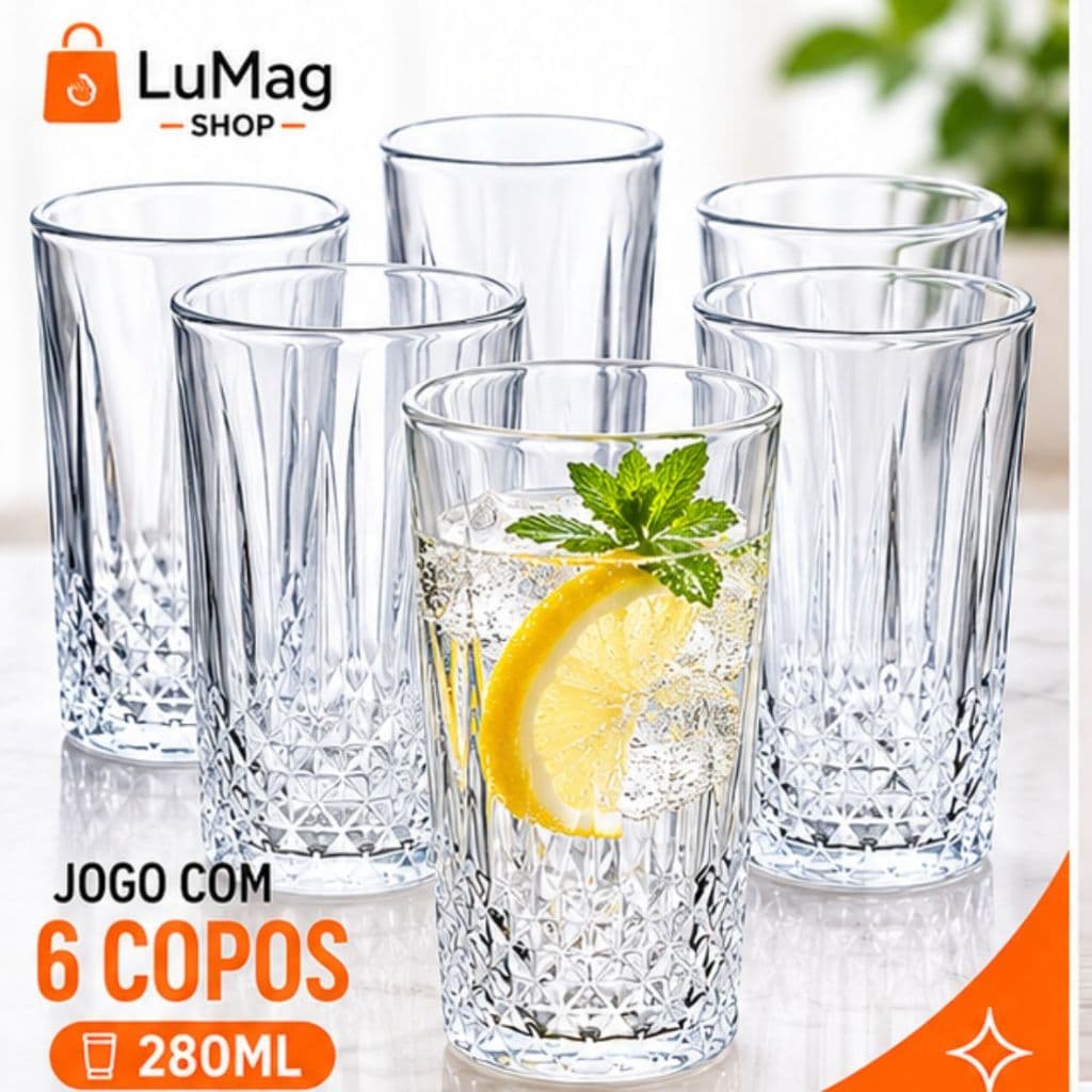 Jogo 6 Copos Lily Vidro 280ml Transparente Água Suco Refrigerante Drinks Elegante