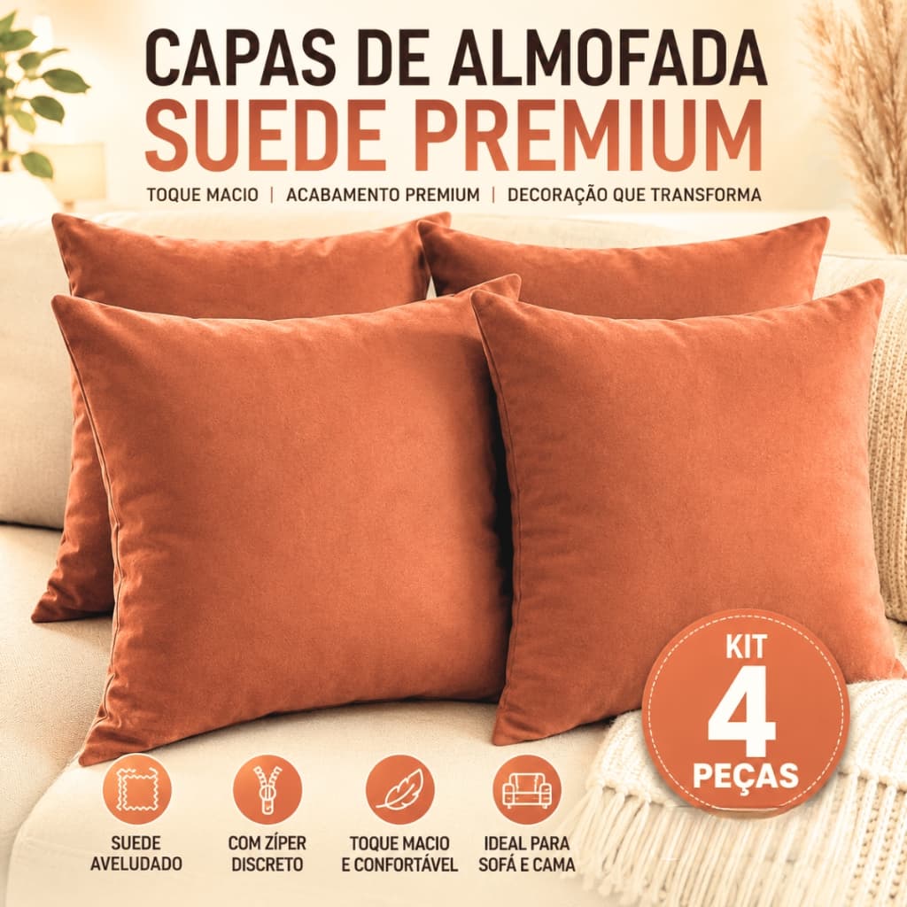 Kit 4 - Capas de Almofada em Suede Veludo Premium 40x40 – Cores Vibrantes, Zíper, Decoração, Luxo.