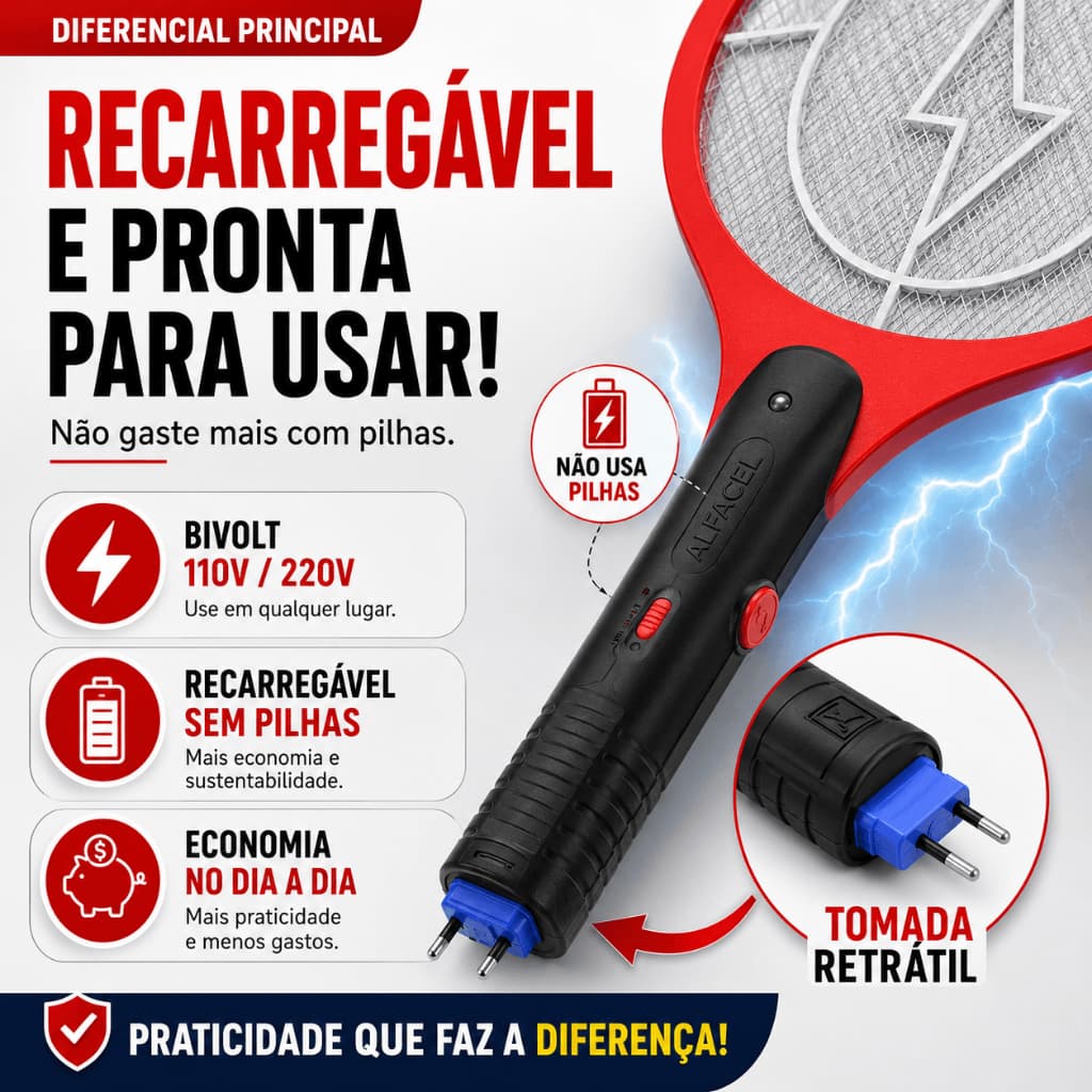 Raquete Elétrica Mata Mosquito Recarregável Bivolt Mata Pernilongo Insetos Contra Dengue