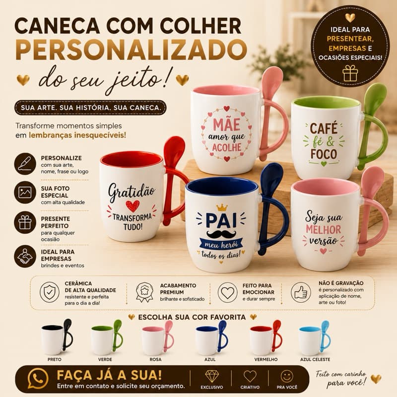 Caneca personalizada com colher sua ideia, sua arte..