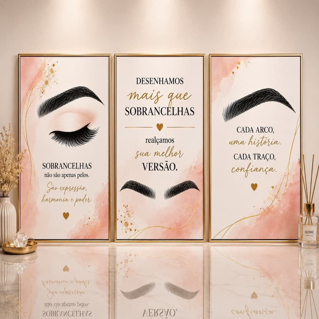 Kit 3 Quadros Decorativos Studio Design de Sobrancelhas Cílios Salão
