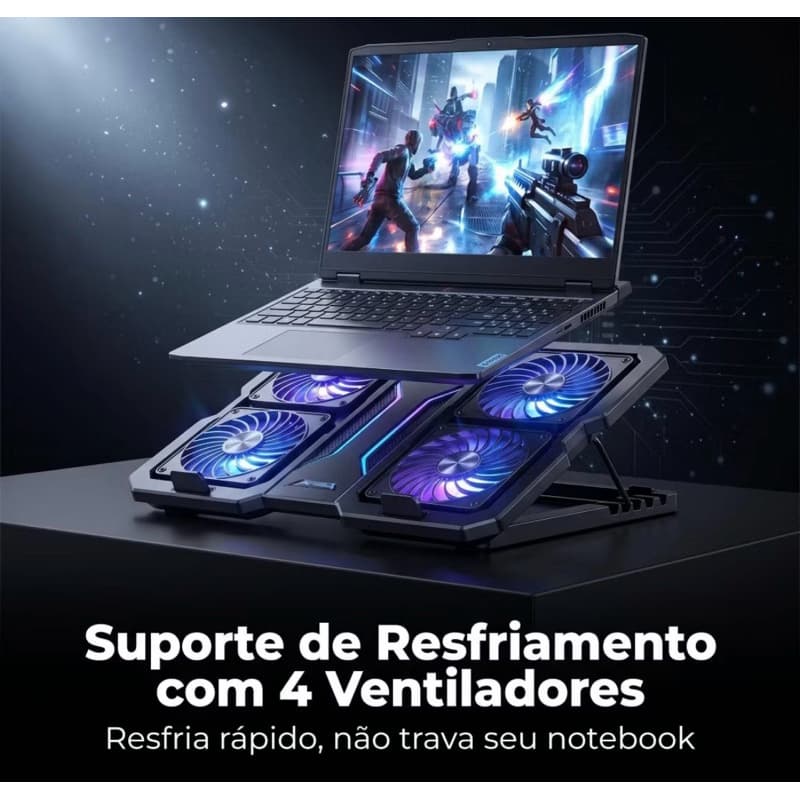 Base Notebook Gamer Cooler 4 Ventoinhas Ajustável Dobrável 15.6-21 Pol