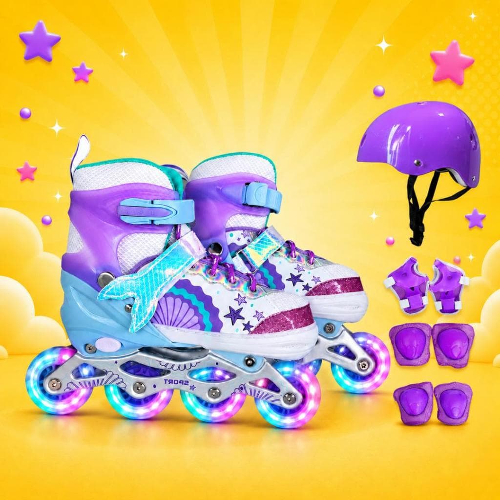 Patins Sereia Inline Roller Tamanho Ajustavel com Led Em Todas Rodinhas + Bolsa + KIT DE PROTEÇÃO COMPLETO