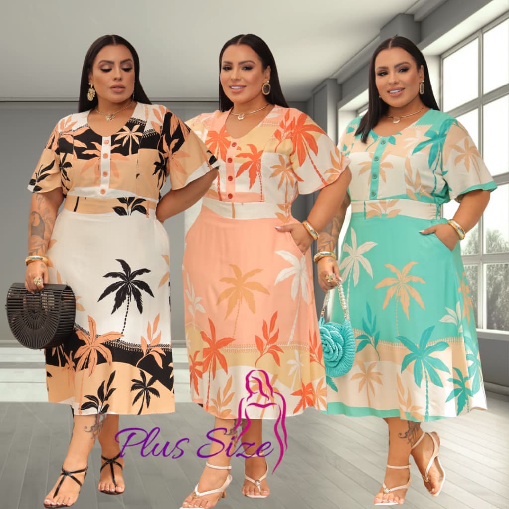 Vestido Feminino Midi Plus Size JACAR Forrado na Saia Elástico nas Costas com Botão Moda Evangélica