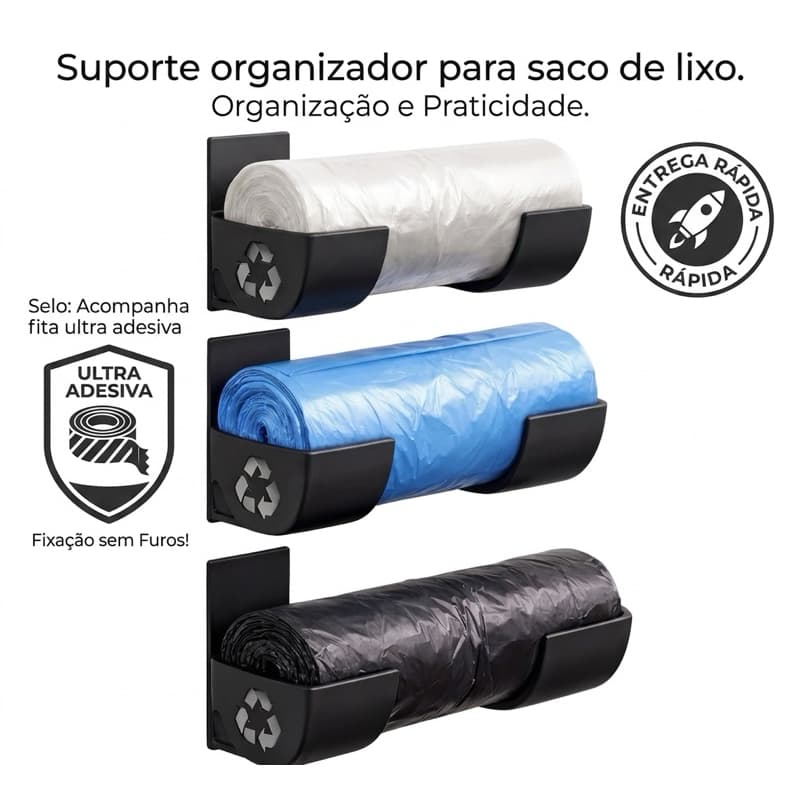 Suporte para Rolo de Saco de Lixo porta sacola puxa organização com adesivo