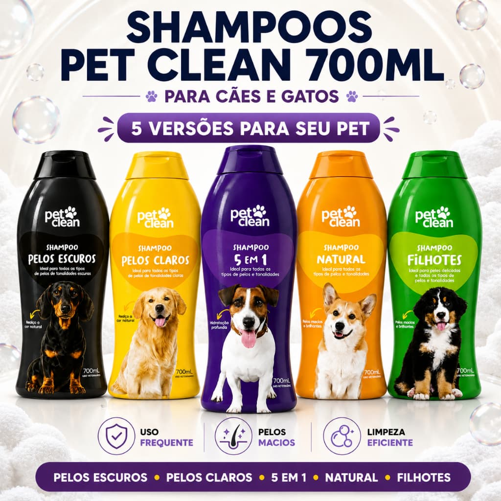 Shampoo Pet Clean 700ml Cães e Gatos 2x1 e 5x1 Filhotes Natural Clareador Escurecedor