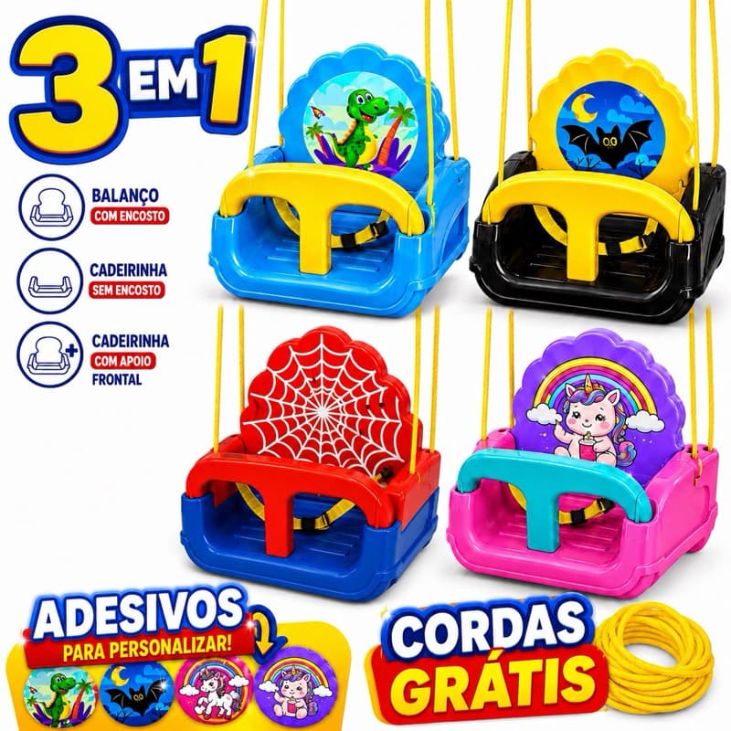 Balanço Infantil 3 em 1 Premium Resistênte Adesivos + Cordas Grátis