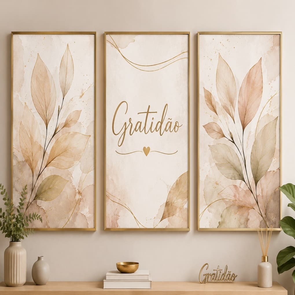 Quadro Decorativos 3 peças Folhas Delicadas Gratidão