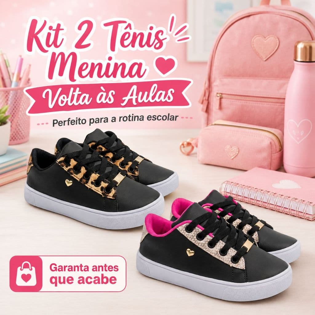Kit 2 Tenis Menina Volta as Aulas | Perfeito Para Rotina Resistente e Confortável | GARANTA AGORA!