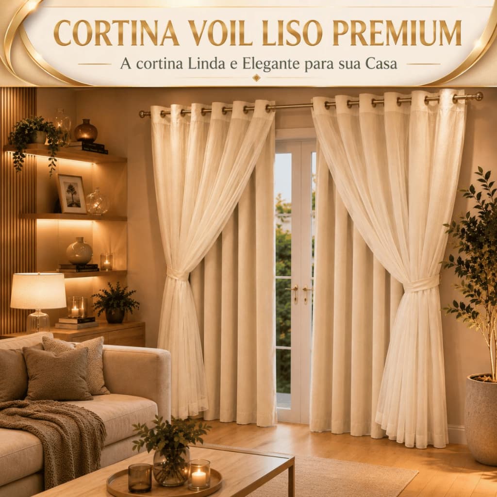 Cortina Voil Liso 4,00 x 2,40/2,50/2,60/2,70/2,80 Com Forro de Microfibra