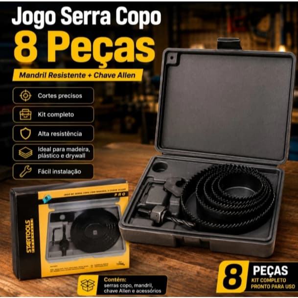 Jogo Serra Copo Mandril Chave Allen 8 Pecas Cortes Precisos Madeira Metal