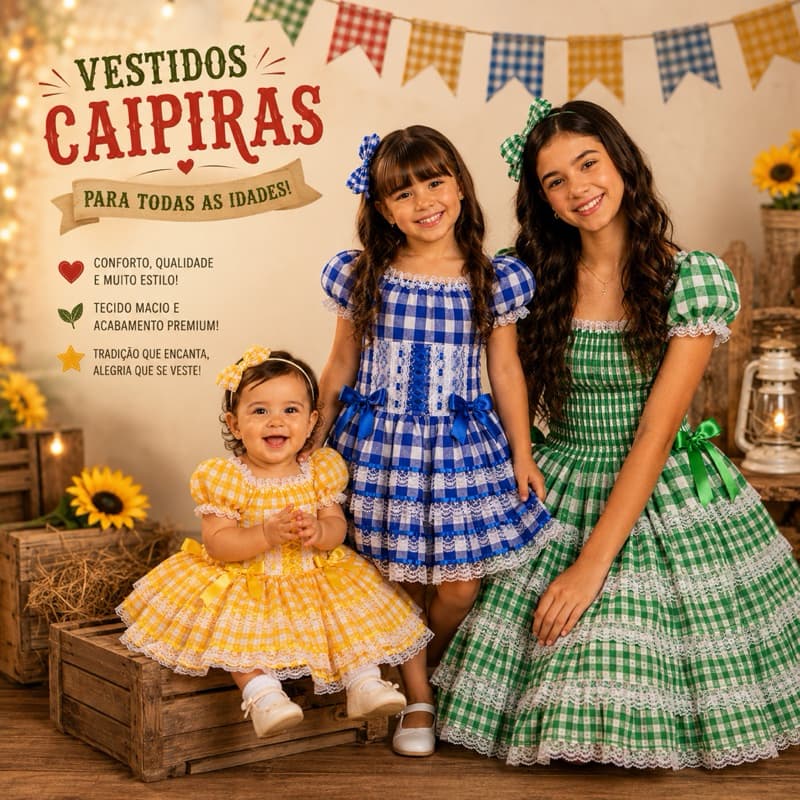 Vestido Caipira Infantil Festa Junina Luxo Menina Bebê Xadrez Com Renda PP P M G GG