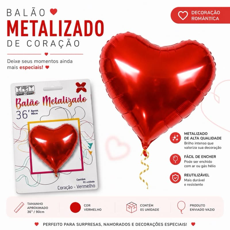 Balão metalizado coração vermelho 90cm ♥️