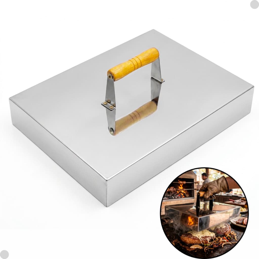 Abafador Inox 25x25 Prensa Lanche Churrasco Profissional Defumador Tampa 7cm altura
