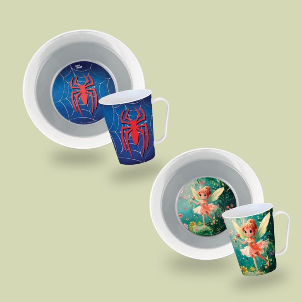 Kit Refeição Infantil Irmãos Homem Aranha E Fada Encantada Prato E Caneca Presente Crianças