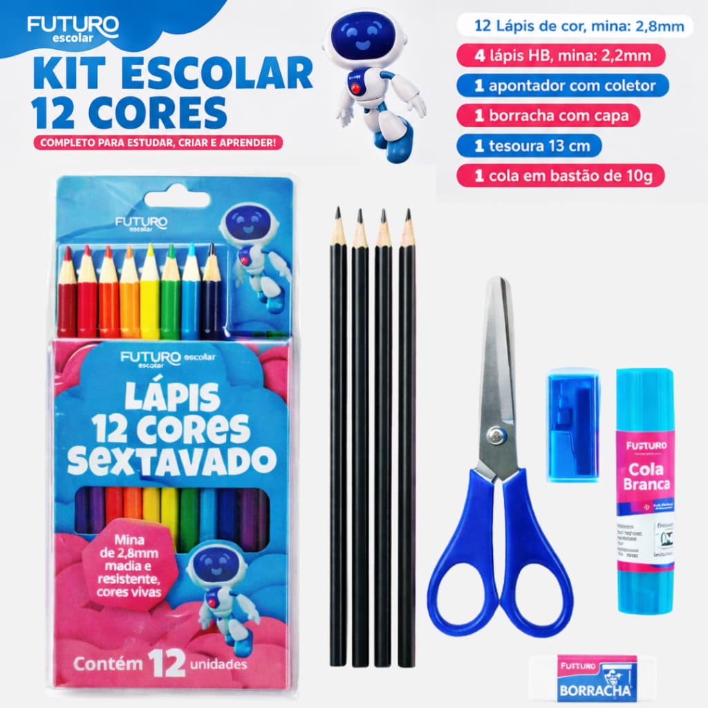 Kit Escolar Infantil Estudante Completo com 12 Lápis de Cor 4 Lápis Grafite Tesoura Cola Borracha e Apontador