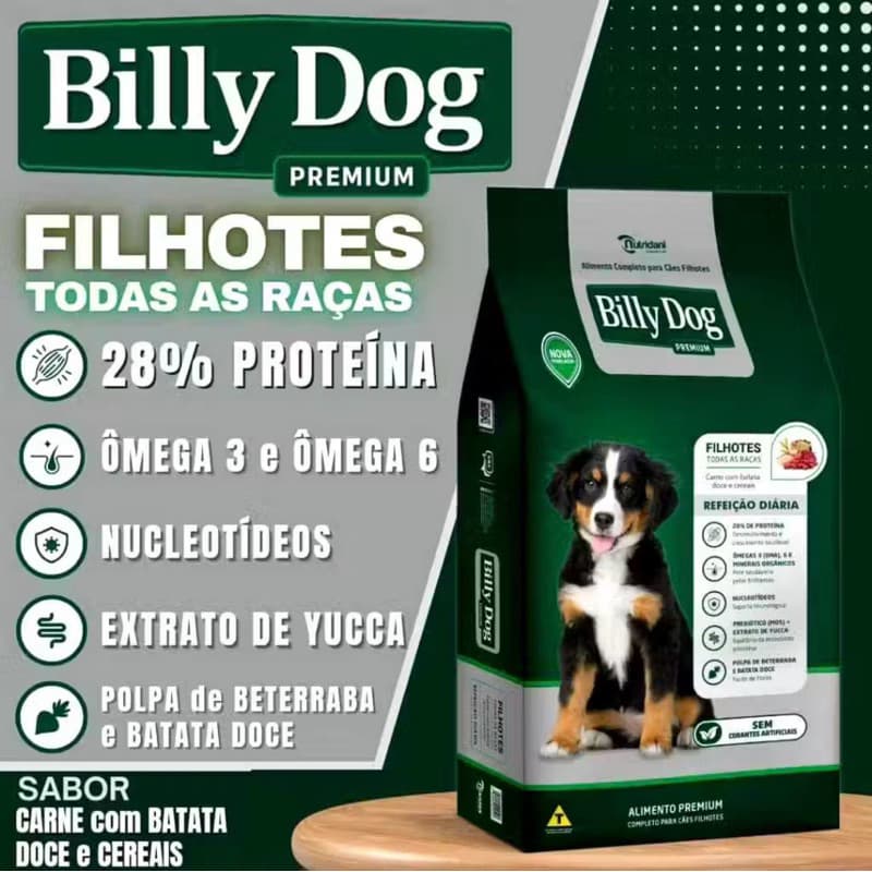 Ração Cachorro Billy Dog Filhotes Premium Refeição Diaria Carne Cereais Batata Doce 10,1kg