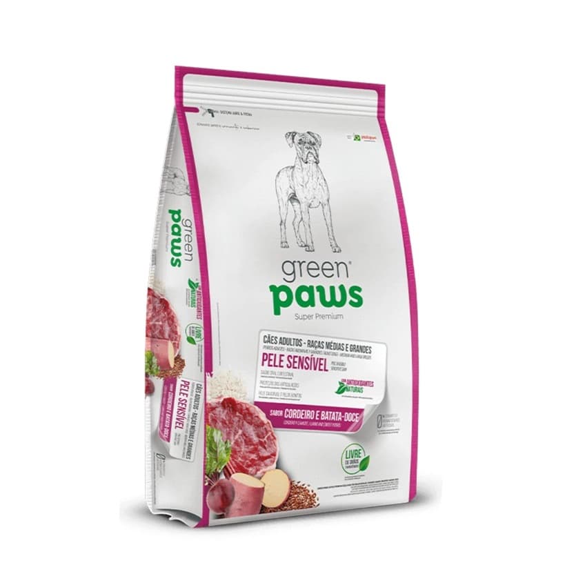 RAÇÃO GREEN PAWS CAO ADULTO MEDIO E GRANDE SABOR CORDEIRO E BATATA DOCE 12KG PELE SENSIVEL