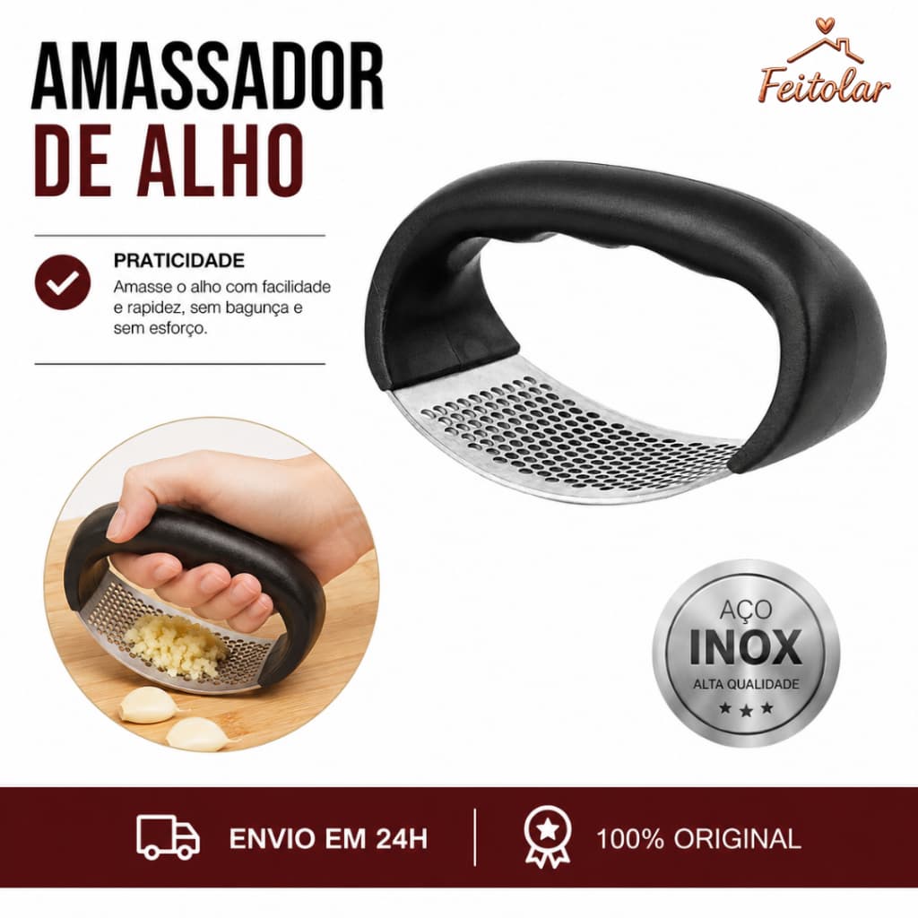 Amassador Espremedor Triturador de Alho Legumes Vegetais Ergonômica Aço Inox