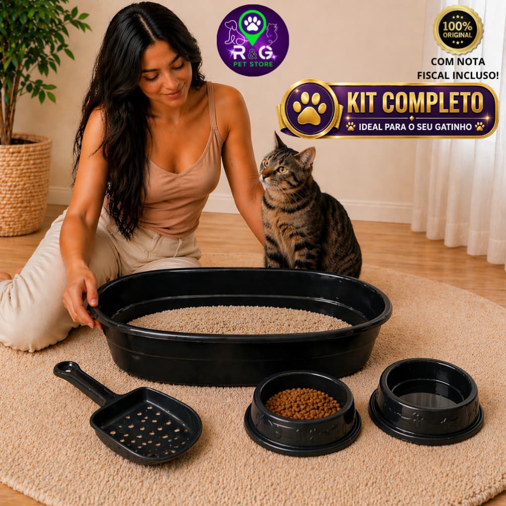 Kit Caixa de Areia para Gato Plástica com Pá e Comedouro Duplo – Resistente e Fácil de Limpar