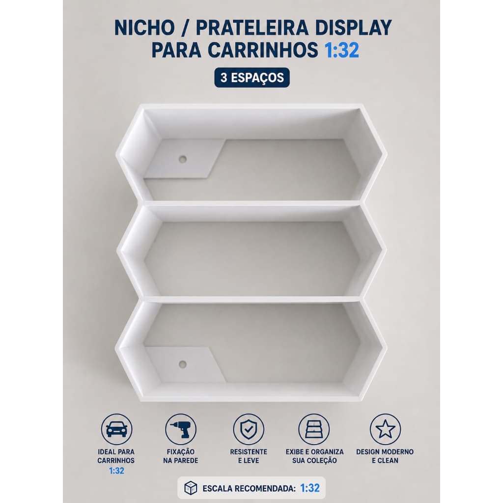 Prateleira Display para Carrinhos 1:32 | Expositor de Parede 3 Vagas | Miniaturas e Colecionáveis