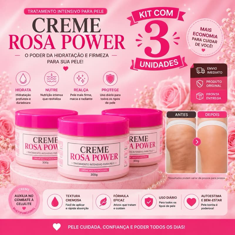 Kit Econômico 3x Creme Rosa Power 300g Hidratação Profunda e Pele Mais Firme crem muntifucional termo ativado