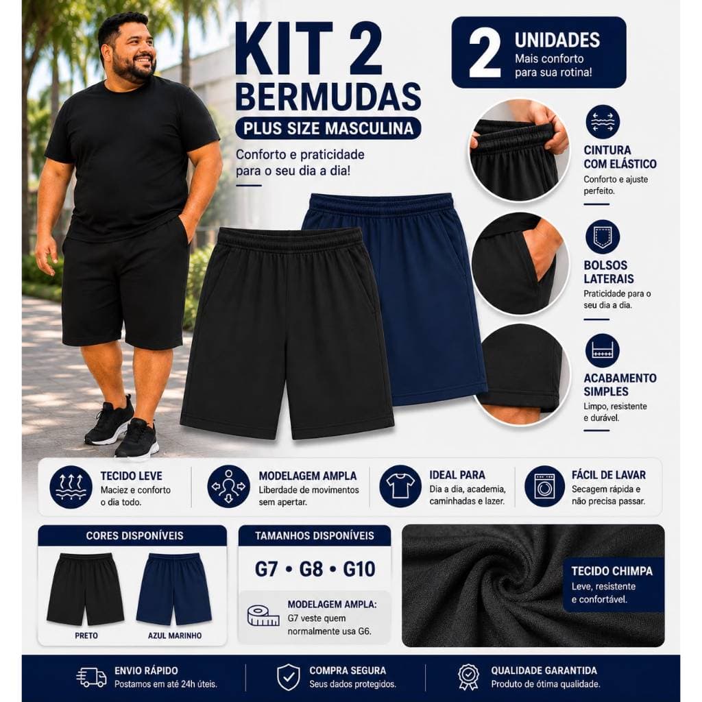 Kit 2 Bermudas Plus Size Masculina G7 ao G10 Com Bolso e Elástico