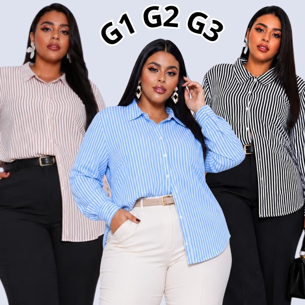 Camisa Listrada Xadrez Feminina Plus Size  G1 G2 G3 Tecido Duna Moda Casual Elegante Manga Longa