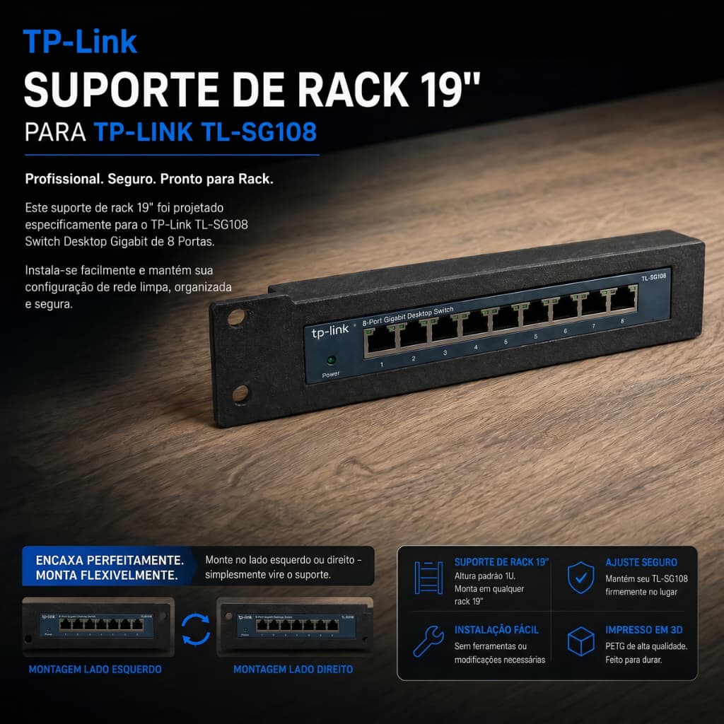 Suporte Rack 19 Switch TP-Link TL-SG108 8 Portas Gigabit Organizador Cabos Aba Lateral Servidor TI 1U Premium Resistente