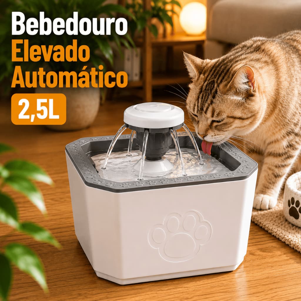 Fonte Bebedouro Elevado para Gato Cachorro Pets Chafariz Automático 3 Modos Água 2,5L Hidratador Animal Doméstico Filtro
