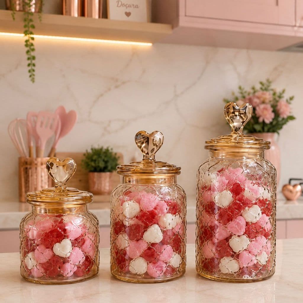Pote de Vidro Hermético Âmbar com Tampa Coração - 600ml, 900ml e 1,2 Litros– Bomboniere Luxo