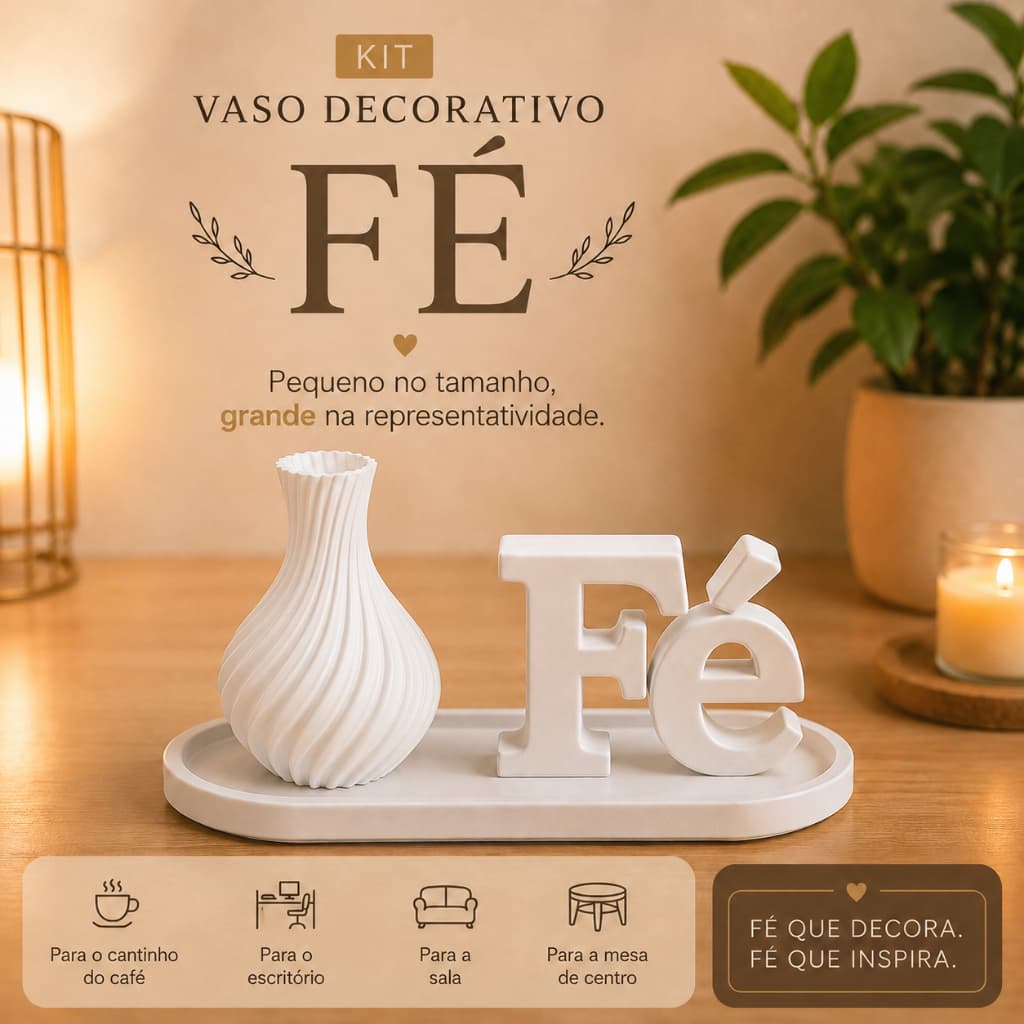 Kit Decorativo Fé Vaso Bandeja Home Decoração Cristã Sala Quarto Lavabo Presente Premium Lux Café