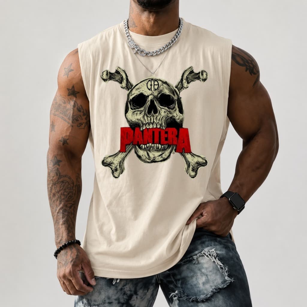 Regata Machão Algodão 100% Casual Estampada Banda Rock Clássicos Pantera Caveira Logo Camisa Casual Básica Uso Diário
