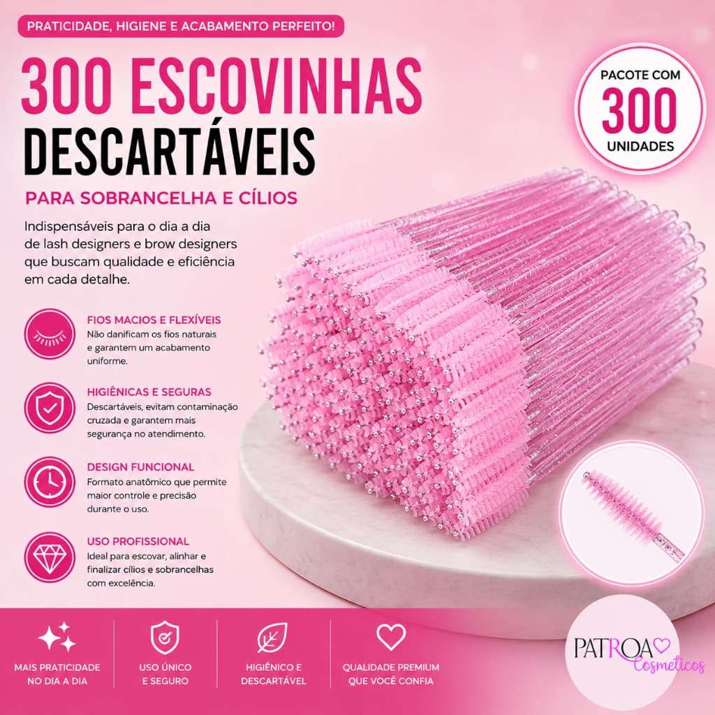 300 Escovinhas Descartáveis para Sobrancelha e Cílios Alongamento Com Glitter Luxuosa