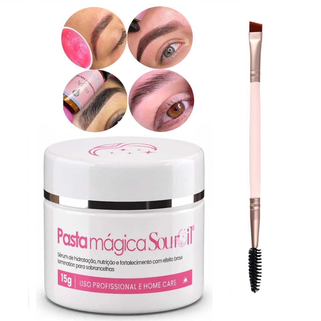 Kit Pasta Magica Sobrancelha SourCil Nutricao 15g e Pincel Duplo Rosa Chanfrado e Escova