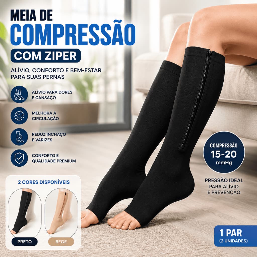 Par Meia Média Compressão Varizes Pernas Cansadas Inchaço Dores 3/4 Zíper 20-30 Mmhg Compressão Unissex