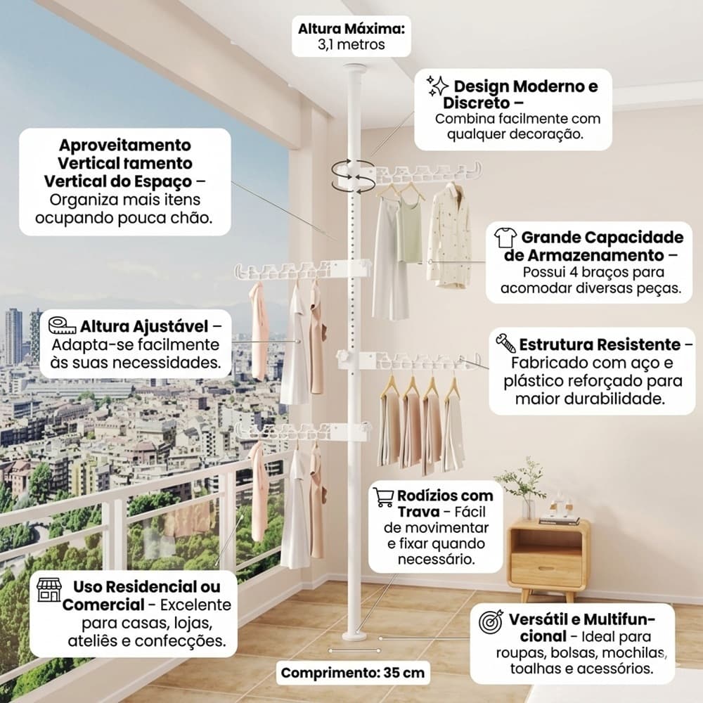 Cabideiro Vertical Multiuso 4 Braços Ajustáveis Até 3,1m Organizador Branco com Rodízios