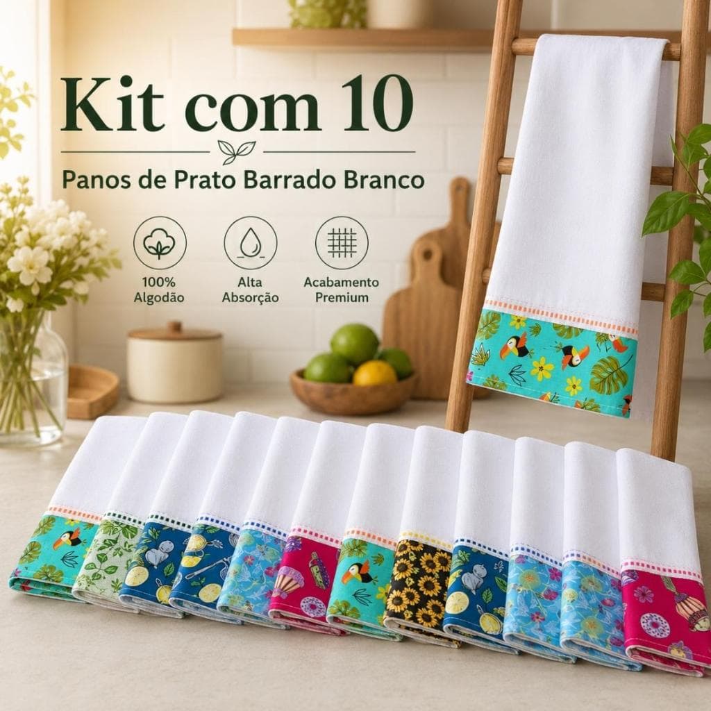 kit pano de prato grande com barrado premium tecido 100% algodão barrado de tricoline copa cozinha