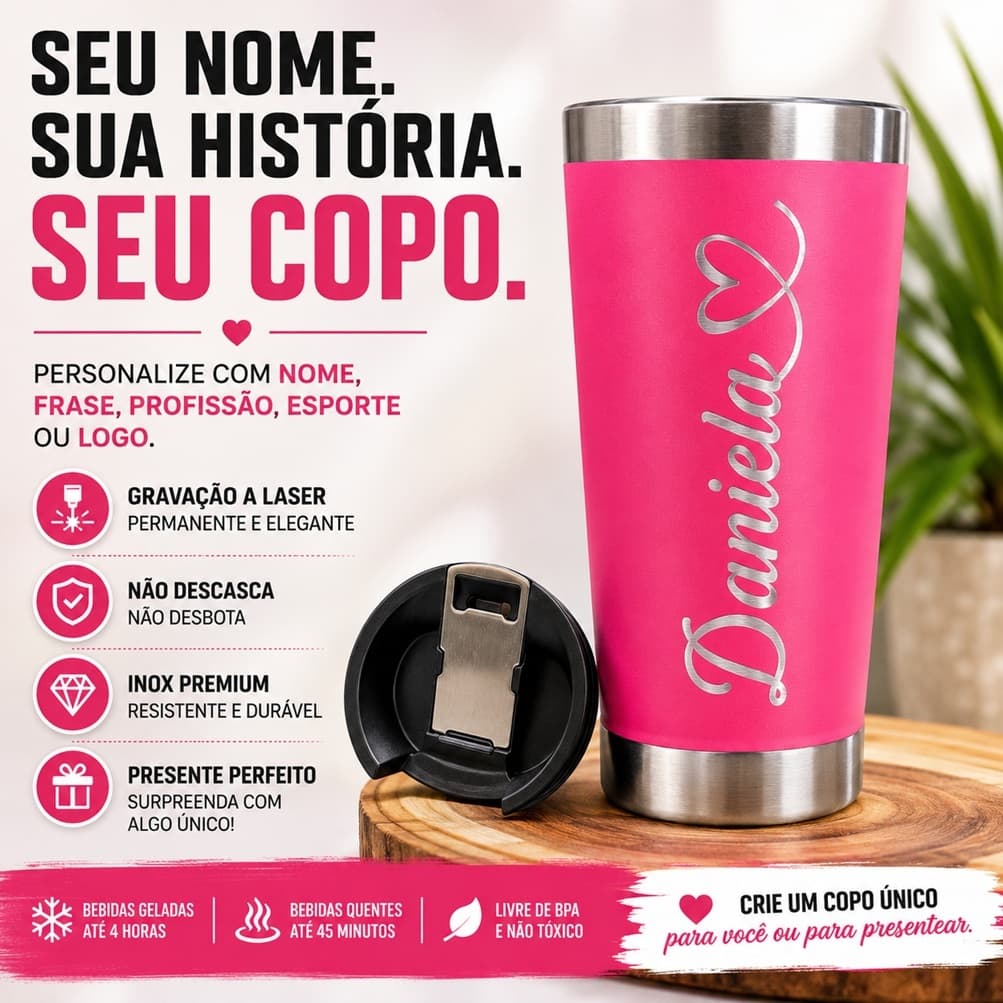 Copo Térmico Inox Personalizado A Laser 473 ml Tampa Abridor Personalização Nome Frase Logo -  Pink