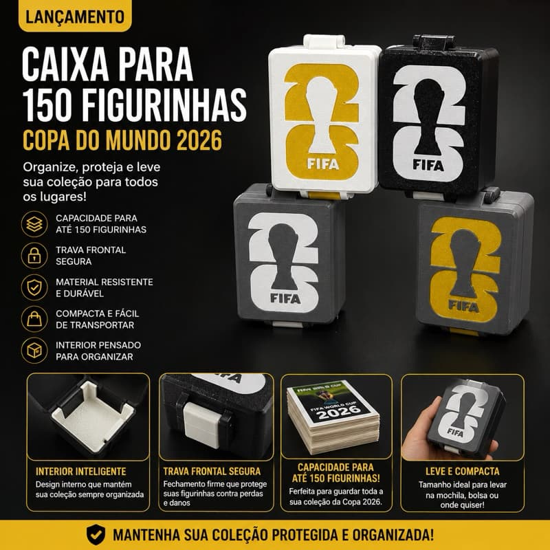 Caixa Porta Figurinhas Copa do Mundo 2026 | Capacidade para 150 Figurinhas | Organizador Colecionador
