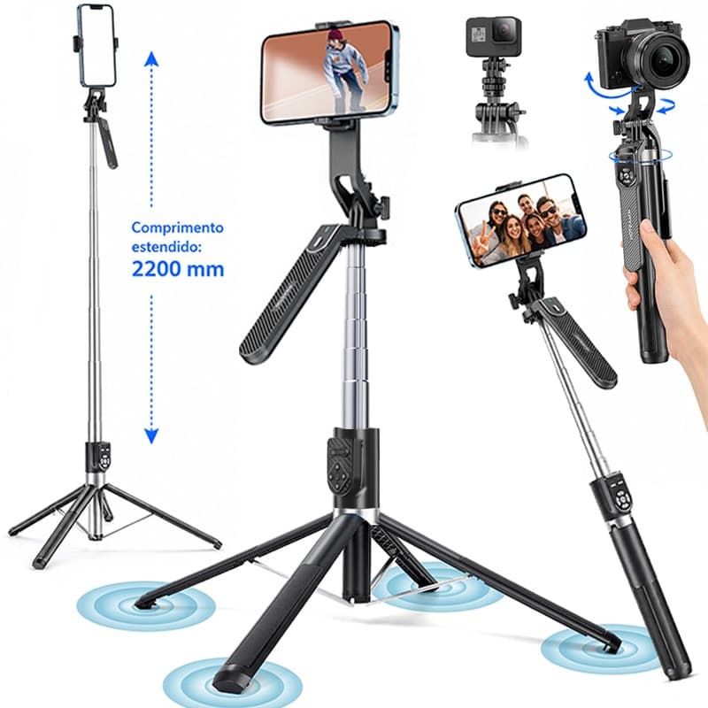 2.2M Selfie Stick Tripé Suporte de 4 pés para celular Controle Bluetooth Sem Fio 360° Rotação Anti-tremor