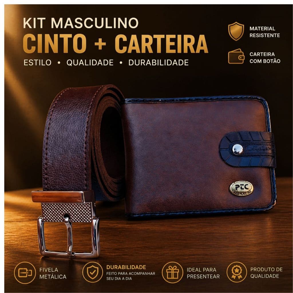 Kit de Acessórios Masculinos  Cinto dupla Face e Carteira com Fecho  de Botão Slim