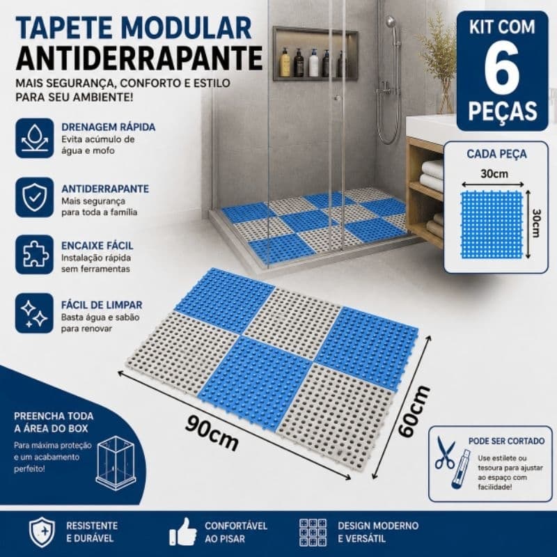 kit 6 Tapetes emborrachado superficie antiderrapante modular 30x30cm para box banheiro vestiário saunas