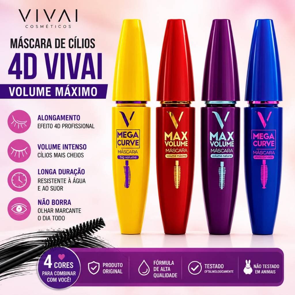 Máscara de Cílios 4D Vivai Volume Máximo Alongamento Curvatura Efeito Cílios Postiços