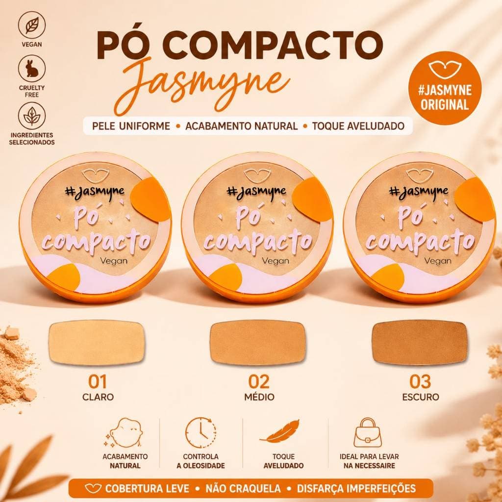 Pó Compacto Jasmyne Vegano Controle de Oleosidade Acabamento Natural Toque Aveludado