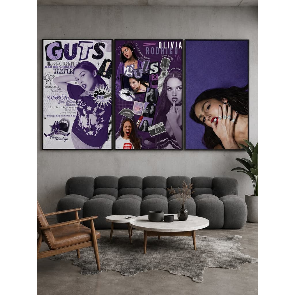 Kit Quadro Decorativo 3 Peças Olivia Rodrigo Música Cantora Álbum Guts Fã Sala Quarto Hall