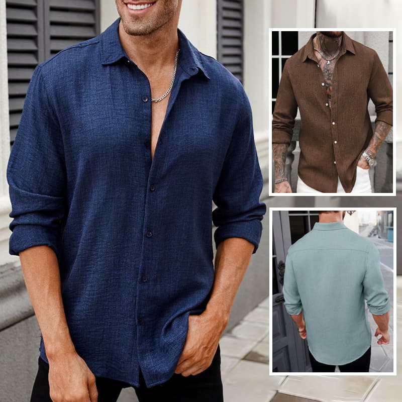 Camisa Masculina Linho Pura Manga Longa Botão Frontal Respirável Casual Slim Fit Várias Cores