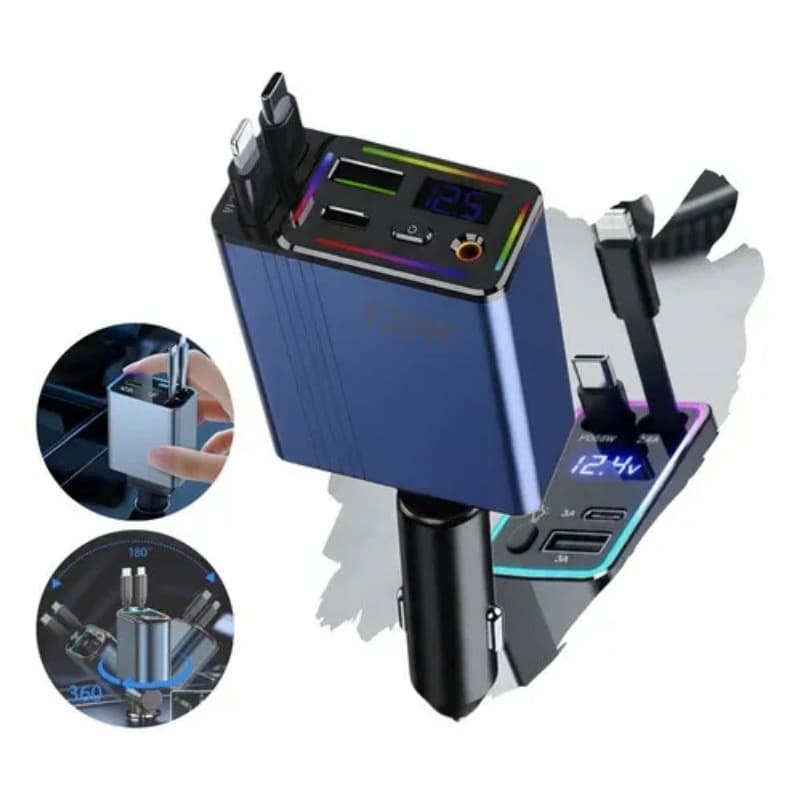 Carregador Veicular Rápido 4 em 1 Ltomex AL-C118 Turbo 120W Cabo Retrátil Elástico Display Digital LED RGB