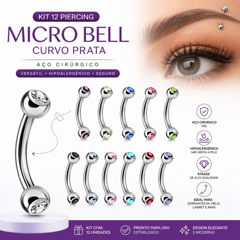 kit 12 Piercing Micro bell Curvo Prata Aço Cirúrgico h Vertical Labret / Sobrancelha Com Bolinha Strass