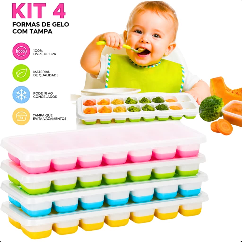 Kit 4 Formas De Gelo Silicone Com Tampa 14 Cubos Introdução alimentar comida bebe cores diferentes